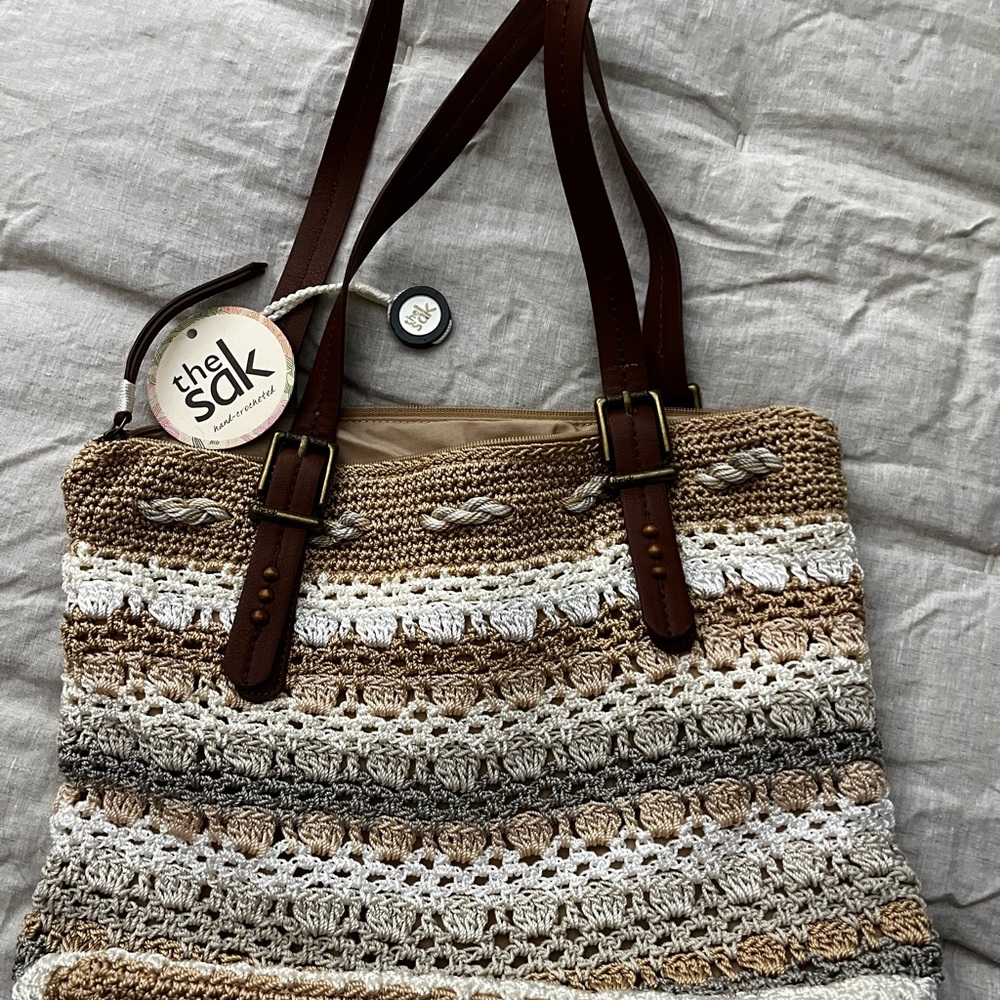 The Sak Tan and Cream Crochet Tote